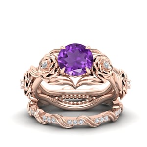 1.80Cts Amethyst Gemstone Wedding Ring Set, Vintage Art deco Bridal Moissanite Ring Set For Her Flower Floral Ring Set,Nature Inspired Ring