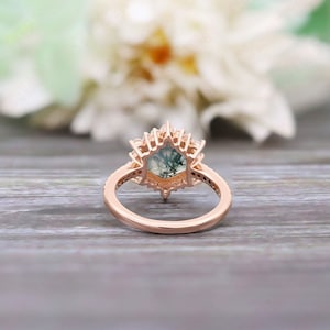 Hexagon Natural Moss Agate Gemstone 14K Rose Gold Plated 925 Silver Ready To Ship Engagement Ring Statement Promise Halo Gift For Her image 3