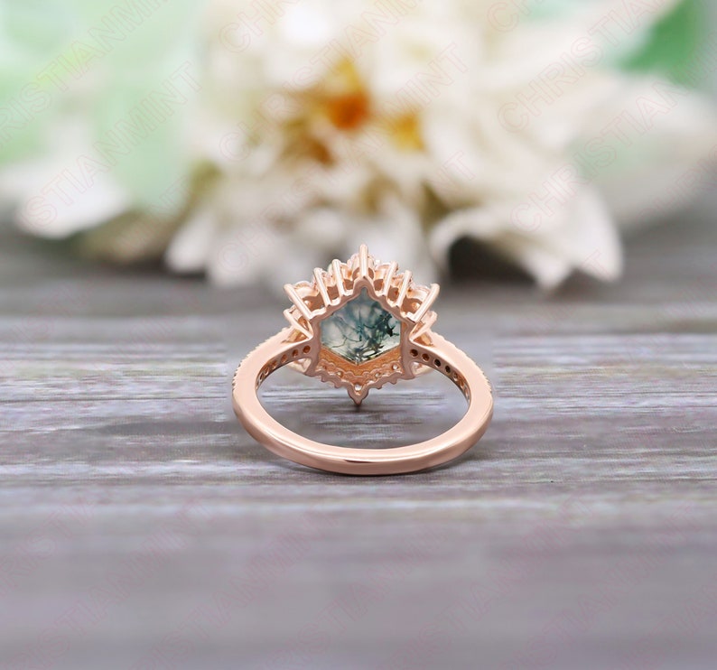 Hexagon Natural Moss Agate Gemstone 14K Rose Gold Plated 925 Silver Ready To Ship Engagement Ring Statement Promise Halo Gift For Her image 3