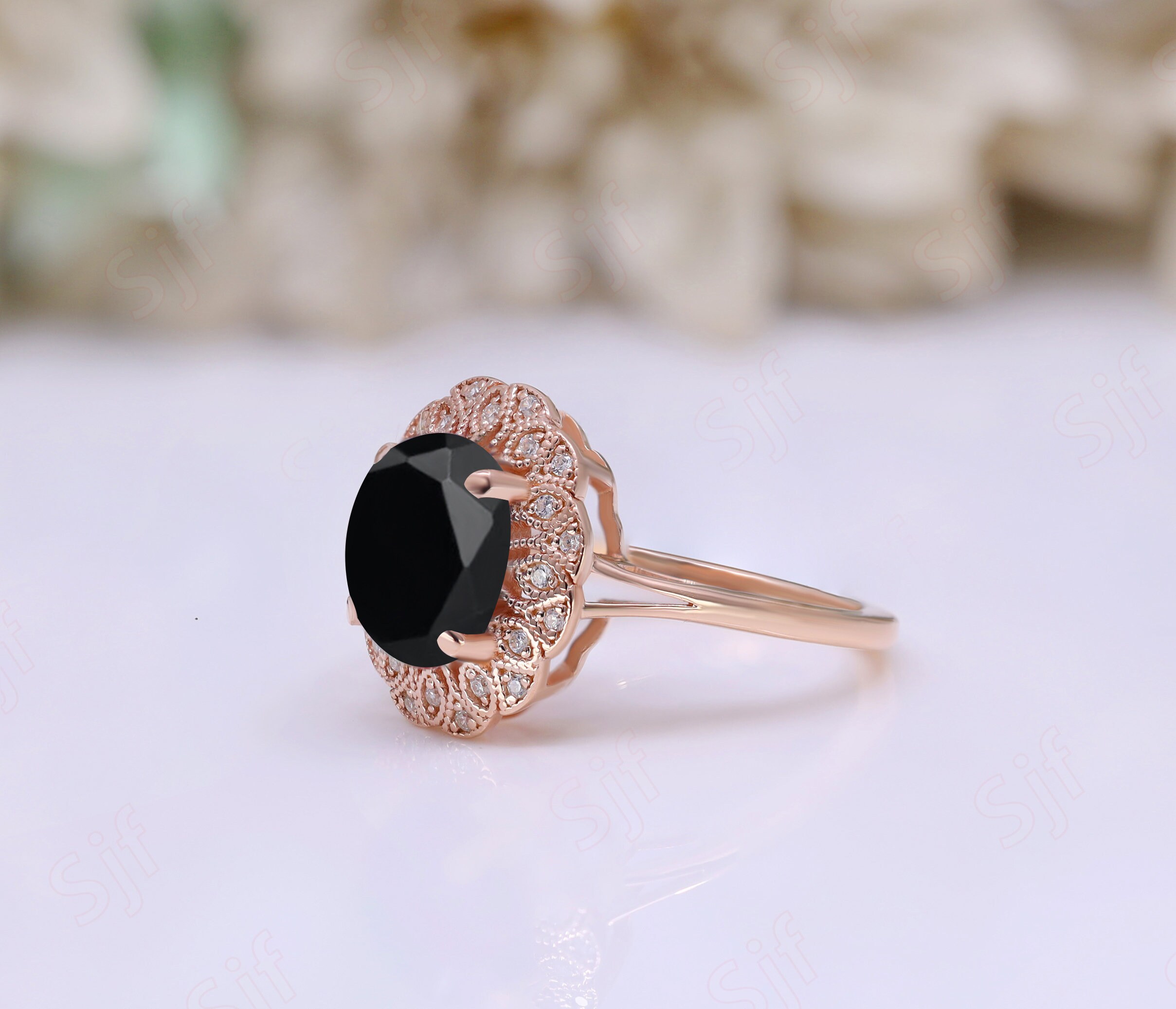 Oval Natural Black Onyx Gemstone Engagement Ring Black Stone