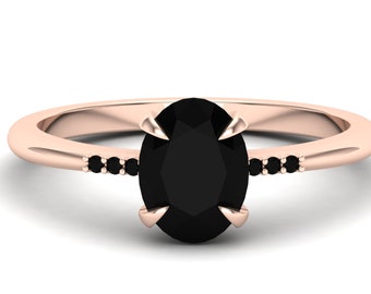 1.60ct Natural Black Onyx and Black Spinal Gemstone in 14k Rose Gold-Plated Engagement Ring, Simple Band Ring, Solitaire Ring, Gift For Wife
