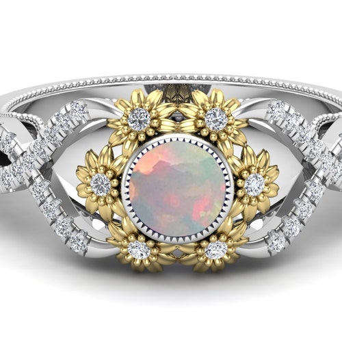 AAA Natural Opal Gemstone Engagement Ring, Bridal shops Moissanite Ring, Art deco Sunflower Ring, Two Tone Ring, Gift For Love, Gift For Women