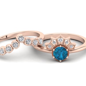 Natural London Blue Topaz Gemstone Wedding Ring Set For Bride, Vintage Art deco Bridal Moissanite Ring Set, Unique Ring Set, Gift for Women
