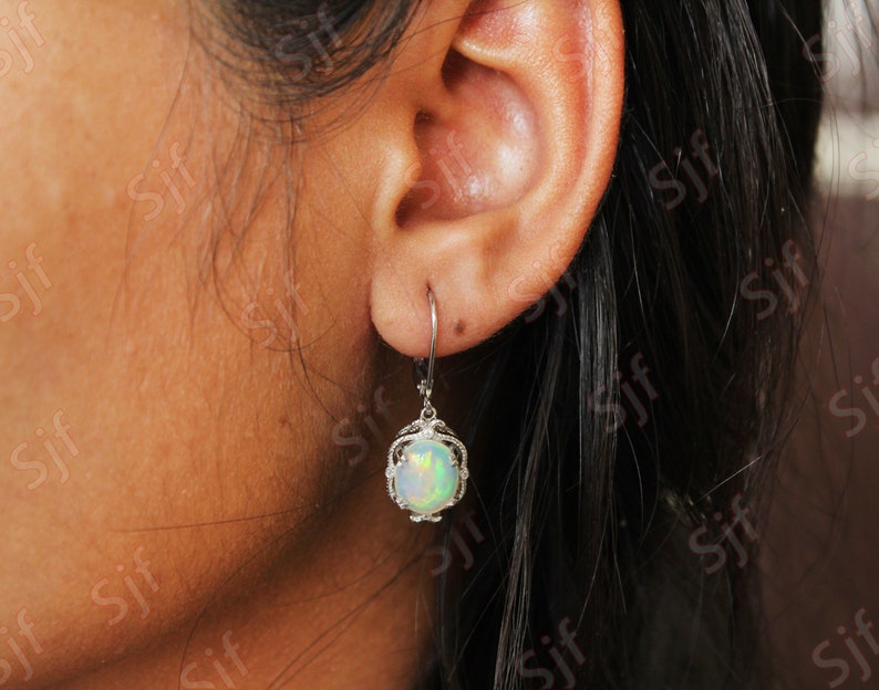 2.80 cts, AAA Natural Opal Gemstone Earring, Lever Back Earring, Oval Shape Opal Earring, Moissanite Earring, Christmas Gift For Love image 2