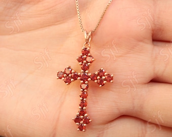 Natural Red Garnet Cross Pendant, 18 Inch Box Chain With Spring Lock Pendant, 925 Sterling Silver Women's Pendant, Christmas Gift For Her