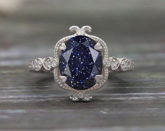 Oval Blue Sandstone Ring, 14K Gold Silver, Art Deco Bridal Ring
