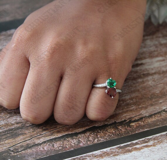 Emerald and Red Garnet Gemstone Engagement Ring Art Deco Moissanite Ring Double Stone Ring Heart Shape Ring Gift for Valentine Day Love Etsy Norway