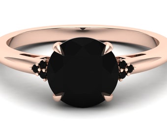 Round 8.00 AAA Natural Black Onyx & Black Spinal in 14K Rose Gold Plated Engagement Ring, Unique Simple Band Ring, Solitaire Ring For Women