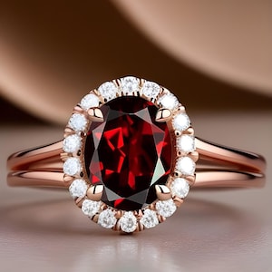 Oval Red Garnet Engagement Ring Wedding Ring Bride&#39;s Maid Ring 14K Rose Gold 925 Silver Ring Halo Ring Promise Rings Statement Ring
