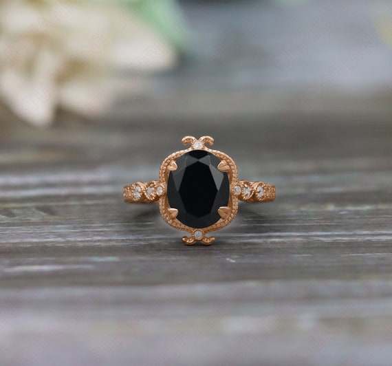 Engagement Ring: Vintage Black Onyx Stone - Rose Gold Plated