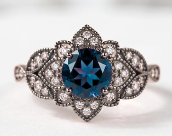 925 Sterling Silver London Blue Topaz Moissanite Ring, Black Rhodium Vintage Floral Ring, Art Deco Engagement Promise Statement Ring