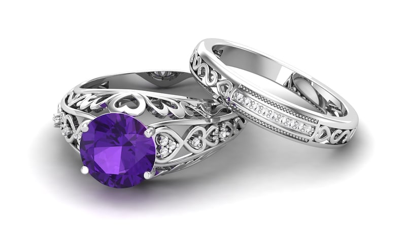Bridal Moissanite Ring Set 2.88ct AAA African Amethyst Gemstone and Pave Set Engagement Ring Set Purple Stone Ring Christmas Gift For Her
