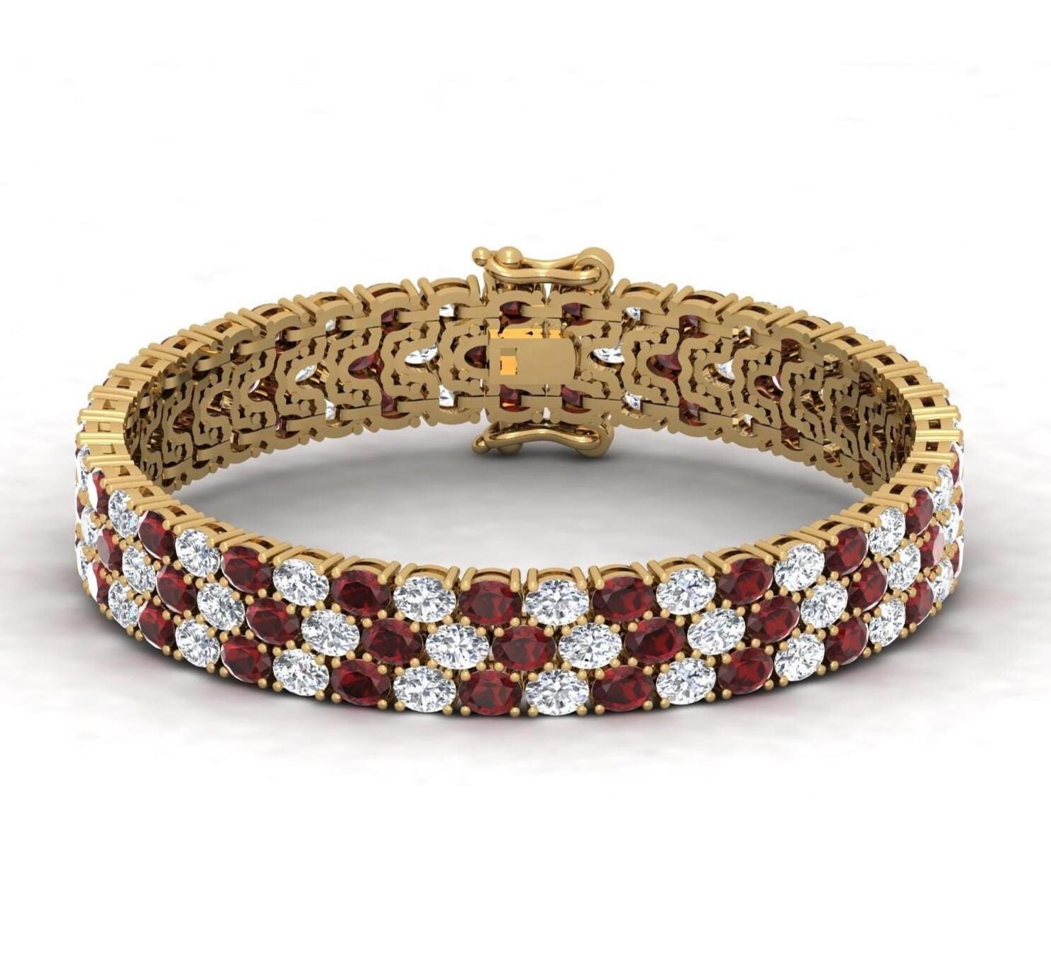 Juweli House Sterling Silver 925 Tennis Bracelet – Lab-Created Red Garnet & White Topaz, 7", 11g