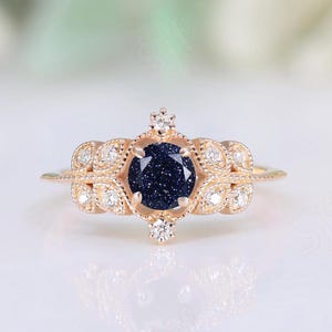 Natural Blue Sandstone Gemstone 14K rose gold plated 925 silver Engagement Ring Art deco Bridal Wedding Blue Sandstone Rings