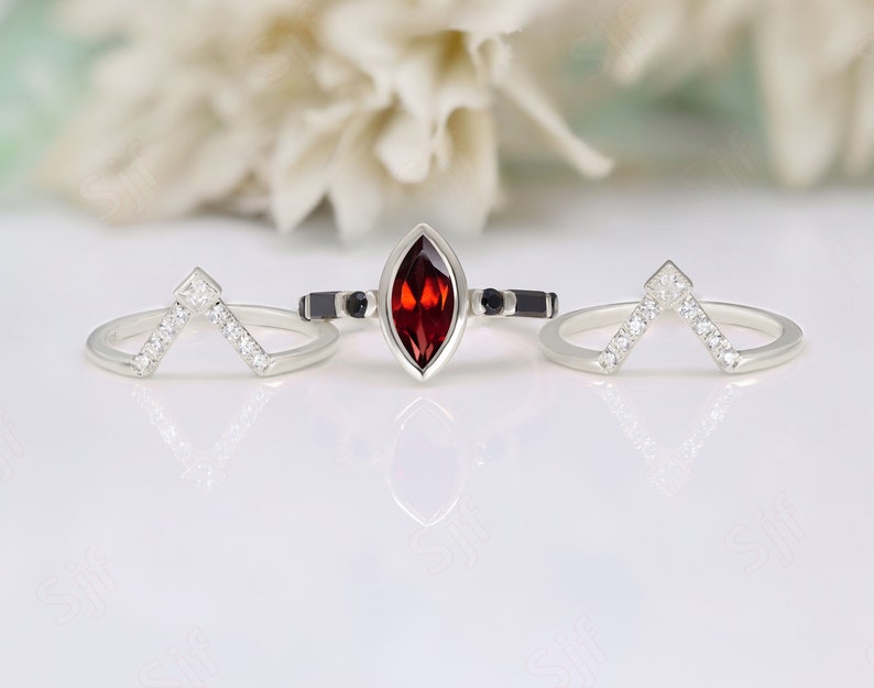 Marquise Red Garnet Gemstone Wedding Ring Set For Bride Art deco Red Garnet Ring Set Wedding Ring Set 14K Gold Garnet Rings 925 Silver Rings image 7