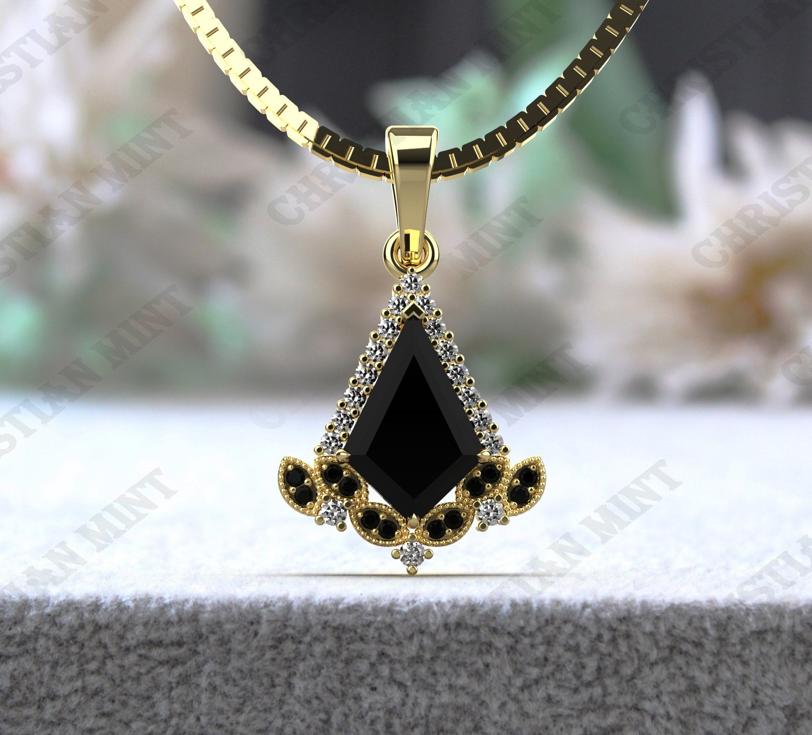 Vintage Art Deco Black Onyx Necklace, Kite Shape Black Onyx