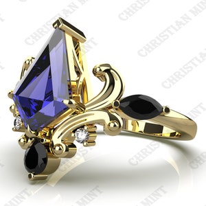 AAAA Natural Royal Blue Tanzanite Engagement Gold Ring, D'Block Tanzanite Solid Gold Ring, Vintage Art deco Kite Shape Tanzanite Gold Ring, image 6