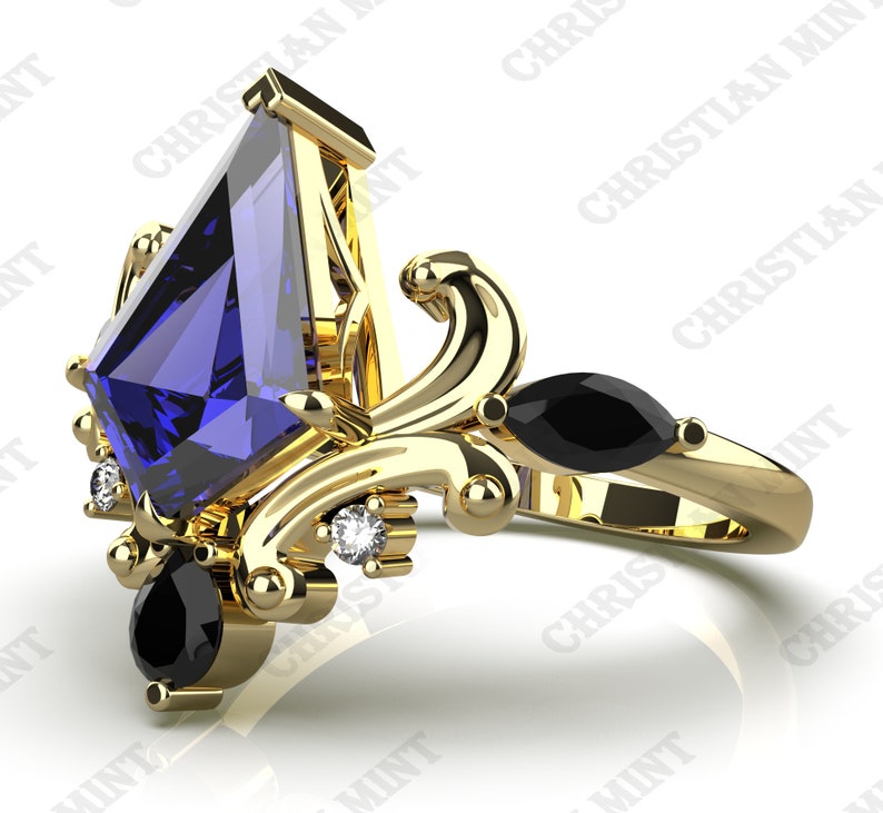 AAAA Natural Royal Blue Tanzanite Engagement Gold Ring, D'Block Tanzanite Solid Gold Ring, Vintage Art deco Kite Shape Tanzanite Gold Ring, image 6