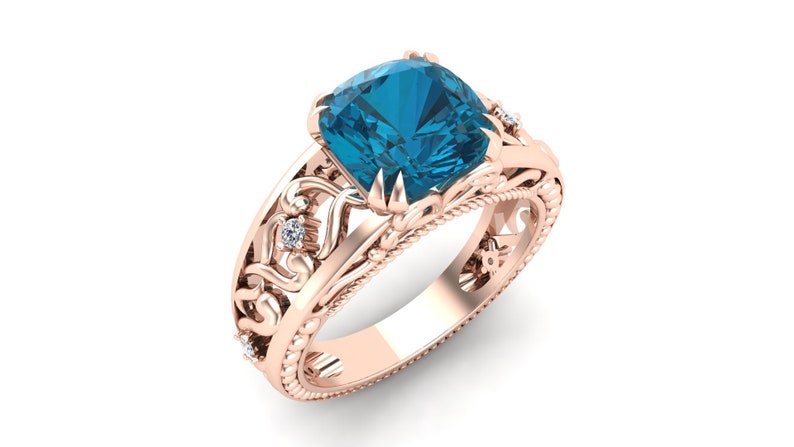 Vintage Art deco Filigree Ring Bridal Moissanite Ring Natural London Blue Topaz Gemstone Wedding Ring Cushion Ring Gift For Anniversary