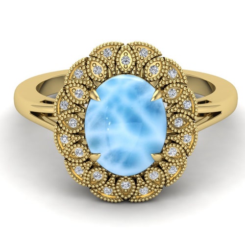 10X8 mm AAA Natural Larimar shops Oval Cab Gemstone Ring For Wedding, Moissanite Ring, Vintage Ring, Floral Ring, Sky Stone Ring, Vermeil Ring.