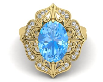 7.20ct, AAA Aquamarine Gemstone Engagement Ring, Bridal Moissanite Ring, Vintage Art deco Bridal Floral Ring, Gift For Birthday
