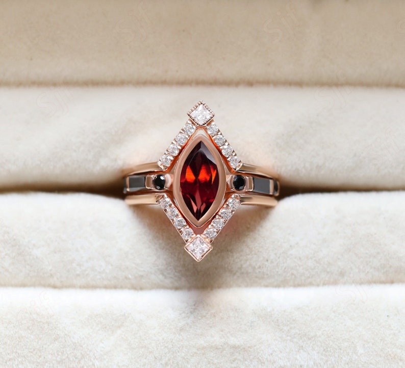 Marquise Red Garnet Gemstone Wedding Ring Set For Bride Art deco Red Garnet Ring Set Wedding Ring Set 14K Gold Garnet Rings 925 Silver Rings image 1