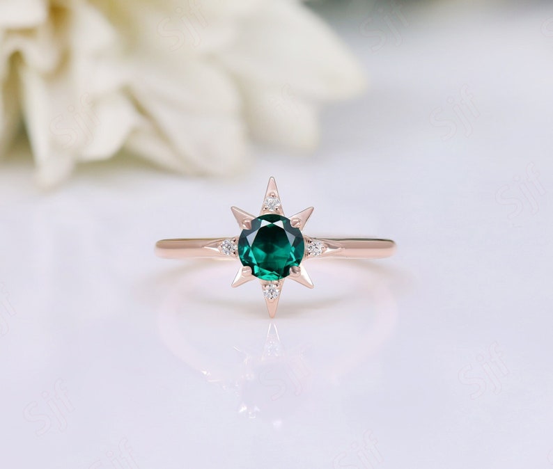 2.40cts Emerald Engagement Bridal Ring For Her, Bridal Moissanite Ring, Antique Vintage Art deco Round Green Stone Ring, Gift For Birthday 925 Rose gold Plated