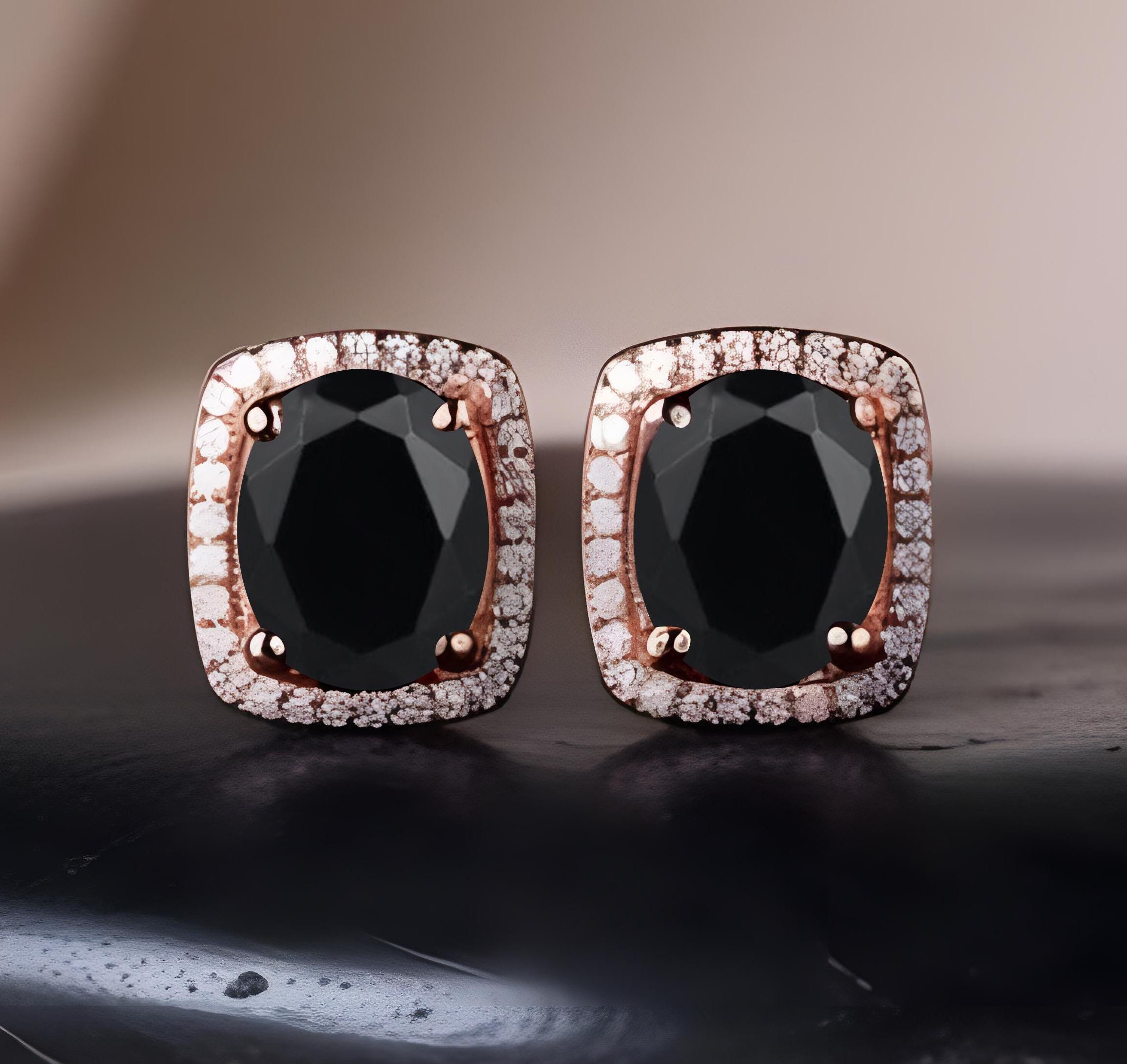 Oval Black Onyx Halo Stud Earrings 925 Silver 14K Rose Gold Earrings Birthday Gift Anniversary Gift For Mother Graduation Gift For Love