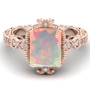Art Deco Opal Ring: Octagon Gemstone, Rose Gold Plated