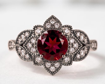 925 Sterling Silver Red Garnet Moissanite Ring, Black Rhodium Vintage Floral Ring, Art Deco Engagement Promise Statement Ring