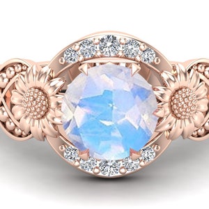 2.20ct, AAA Natural Moonstone Gemstone Engagement Ring, Bridal Moissanite Ring, Art deco Sunflower Ring, Round Stone Ring, Gift For Love