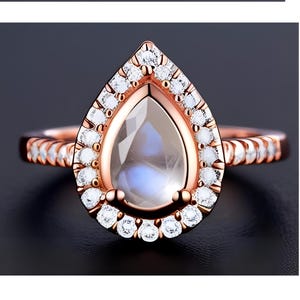 Pear Fire Moonstone Ring 925 Silver 14K Rose Gold Halo Ring Engagement Ring Wedding Ring Promise Ring Anniversary Gift Birthday Gift For Her