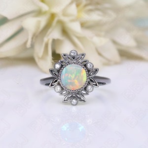 Round 8.00 Natural Ethiopian Opal Wedding Bridal Ring Art deco Bridal Ring Black Rhodium Engagement Wedding Black Gold Metal Ring For Her image 7