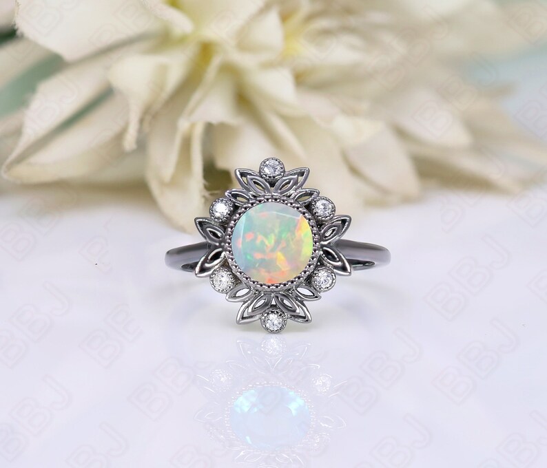 Round 8.00 Natural Ethiopian Opal Wedding Bridal Ring Art deco Bridal Ring Black Rhodium Engagement Wedding Black Gold Metal Ring For Her image 7