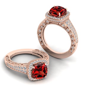 Cushion 8.00 Red Garnet Engagement Ring For Her, Bridal Halo Moissanite Ring, Antique Pave Set Ring, Art deco Red Stone Ring For Anniversary