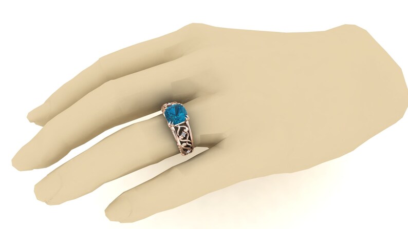 Vintage Art deco Filigree Ring Bridal Moissanite Ring Natural London Blue Topaz Gemstone Wedding Ring Cushion Ring Gift For Anniversary