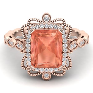 2.75cts,Peach Morganite Gemstone Engagement Ring, Art deco Bridal Moissanite Ring, Octagon Ring, Peach Stone Ring, Gift For Valentine Day