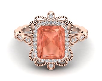 Peach Morganite Engagement Ring: Art Deco Style (Rose Gold Plated)