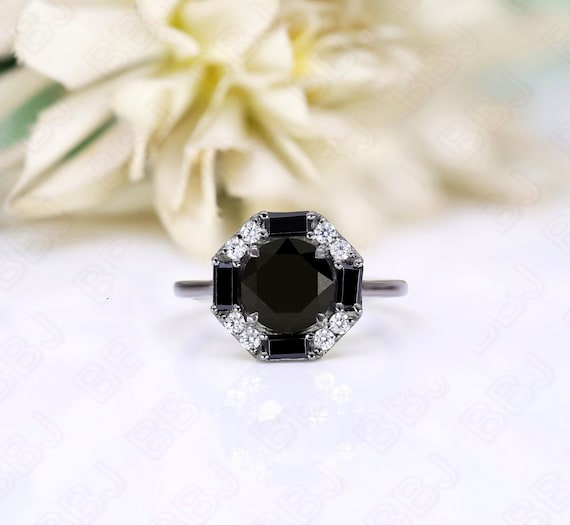 Engagement Ring: Black Onyx Gemstone (Dainty Art Deco Style)