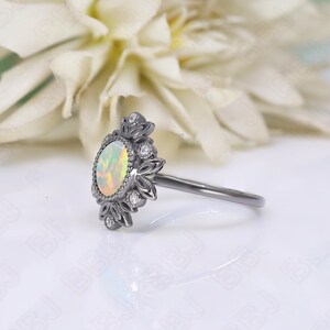 Round 8.00 Natural Ethiopian Opal Wedding Bridal Ring Art deco Bridal Ring Black Rhodium Engagement Wedding Black Gold Metal Ring For Her image 8