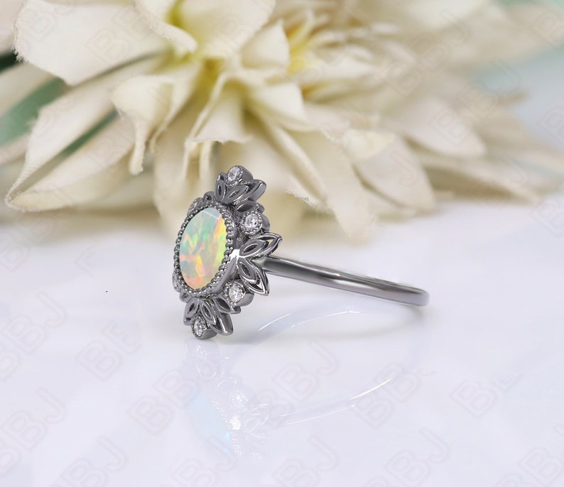 Round 8.00 Natural Ethiopian Opal Wedding Bridal Ring Art deco Bridal Ring Black Rhodium Engagement Wedding Black Gold Metal Ring For Her image 8