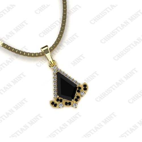 Vintage Art deco Black Onyx Necklace, Kite Shape Black Onyx shops Wedding Necklace, Moissanite Halo Pendant, 18 inch Box Chain With Spring lock