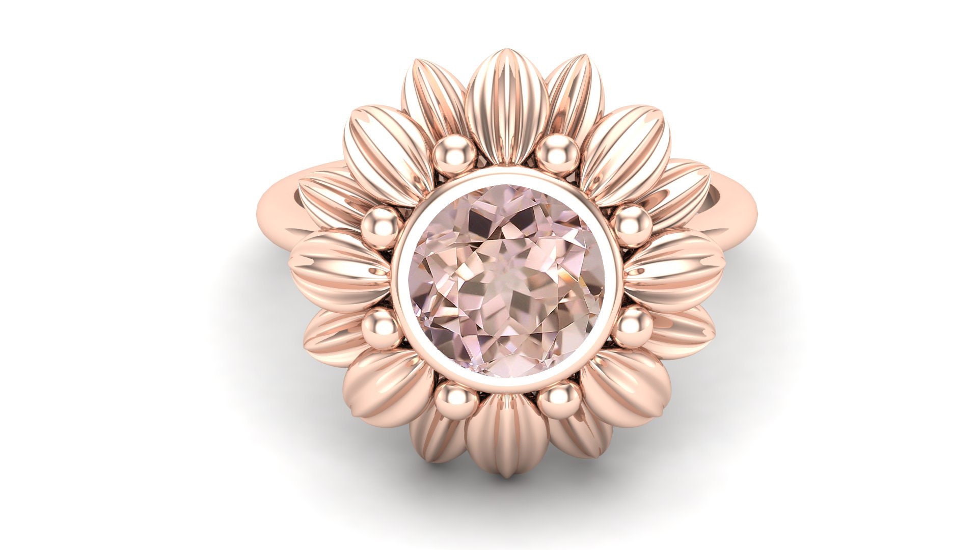 Peach Morganite Ring - Vintage Floral Art Deco, Rose Gold Plated