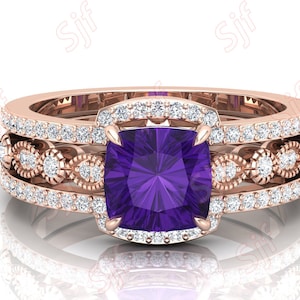 1.50Ct Natural Amethyst Wedding Ring Set For Bride, Vintage Art deco Moissanite Ring Set, Purple Stone 3pcs Ring Set, February Birthstone