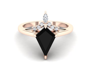 3,10 cts, AAA natuurlijke zwarte Onyx edelsteen verlovingsring, vintage Art deco Moissanite ring, zwarte stenen ring voor haar, vlieger vorm ring.