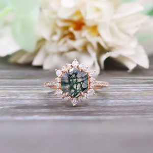 Hexagon Natural Moss Agate Gemstone 14K Rose Gold Plated 925 Silver Ready To Ship Engagement Ring Statement Promise Halo Gift For Her image 7