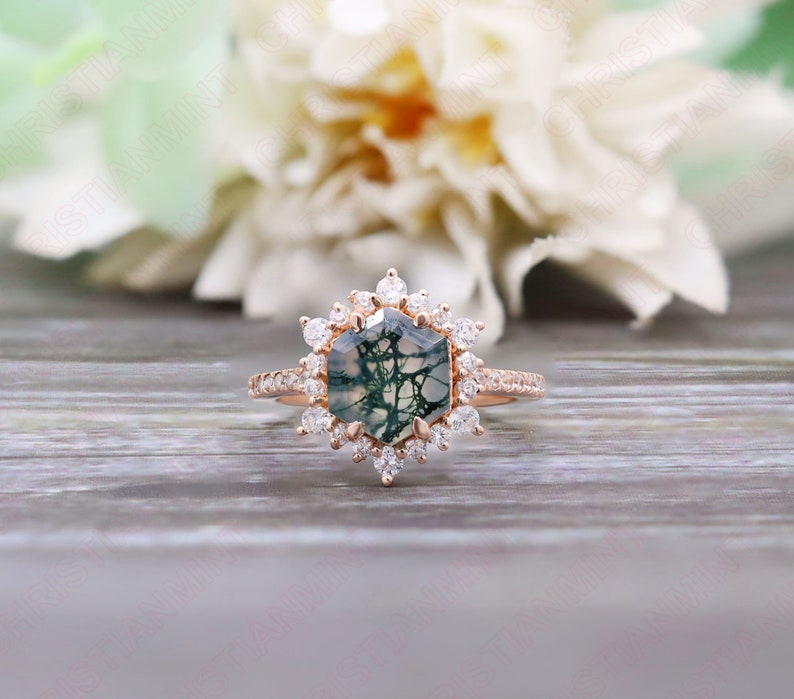 Hexagon Natural Moss Agate Gemstone 14K Rose Gold Plated 925 Silver Ready To Ship Engagement Ring Statement Promise Halo Gift For Her image 7