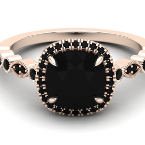 Black Onyx Engagement Ring Micro Pave Set Spinal Rose Gold Vermeil Ring, Onyx Bridal Ring Art deco Unique Halo Ring For Wedding Gift