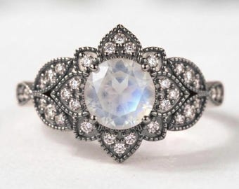 925 Sterling Silver Moonstone Moissanite Ring, Black Rhodium Vintage Floral Ring, Art Deco Engagement Promise Statement Ring