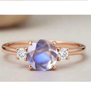 Round Fire Moonstone Ring 925 Silver 14K Rose Gold Solitaire Ring Engagement Ring Wedding Ring Promise Ring Anniversary Gift Birthday Gift